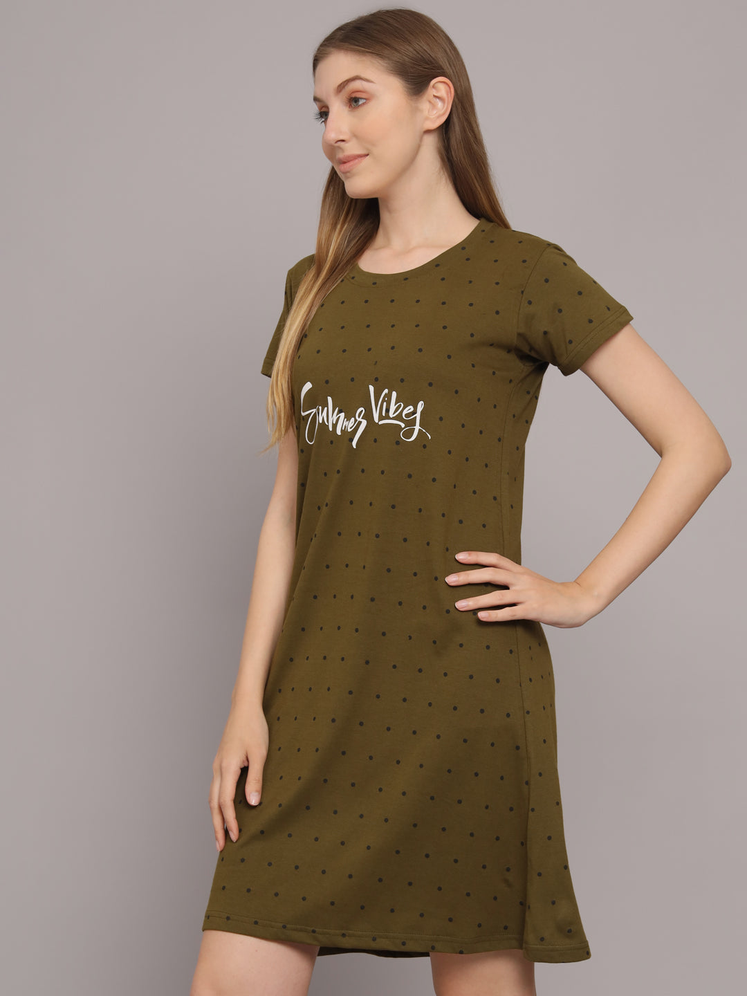 Sephani Women's Hosiery Olive Green Printed T-Shirt Nightdress with Pocket