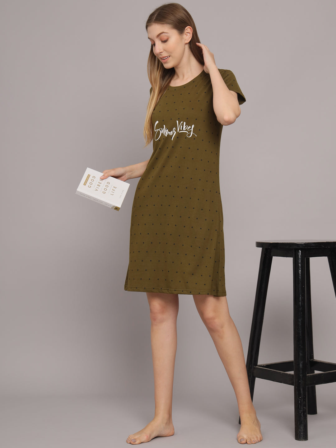 Sephani Women's Hosiery Olive Green Printed T-Shirt Nightdress with Pocket