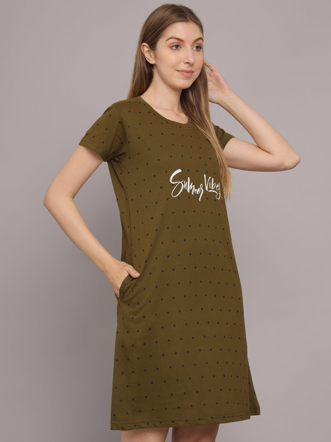 Sephani Women's Hosiery Olive Green Printed T-Shirt Nightdress with Pocket