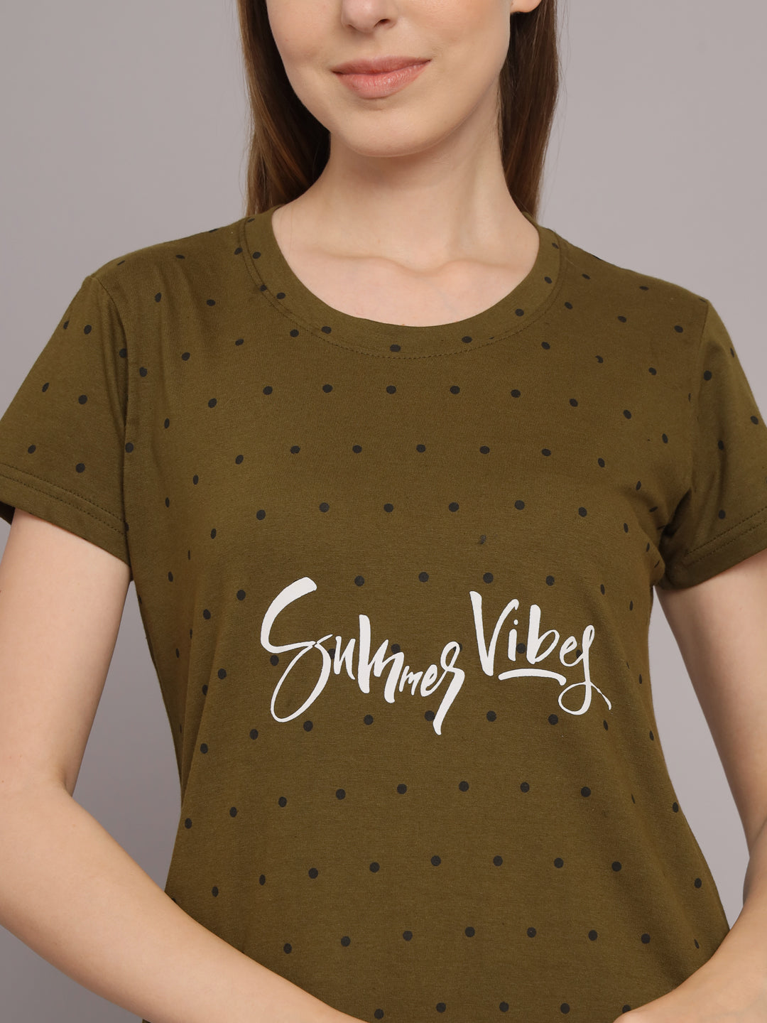 Sephani Women's Hosiery Olive Green Printed T-Shirt Nightdress with Pocket