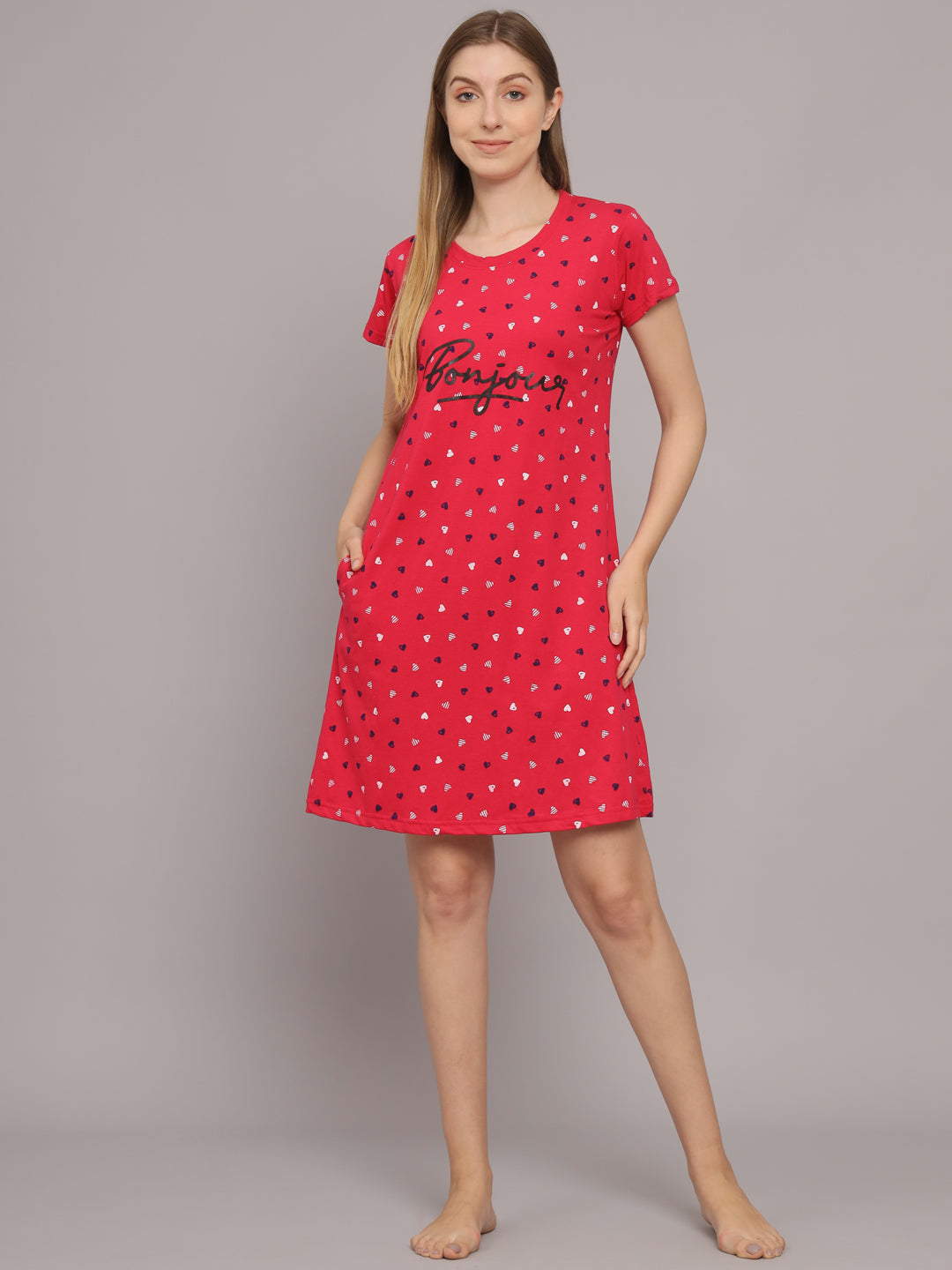 Sephani Women's Hosiery Printed Nightdress with Pockets | Soft Short Sleeve Round Neck Sleepwear