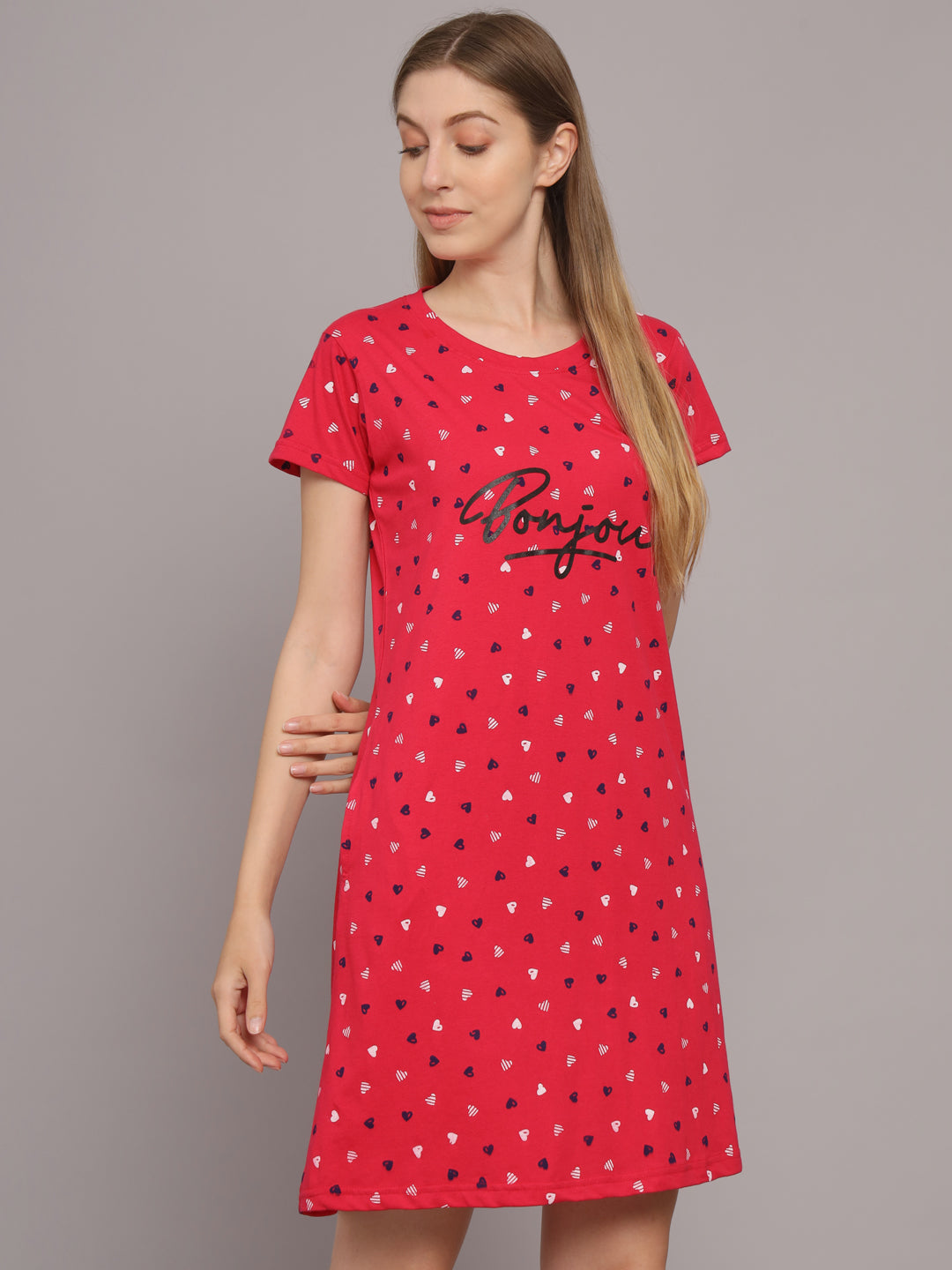 Sephani Women's Hosiery Printed Nightdress with Pockets | Soft Short Sleeve Round Neck Sleepwear
