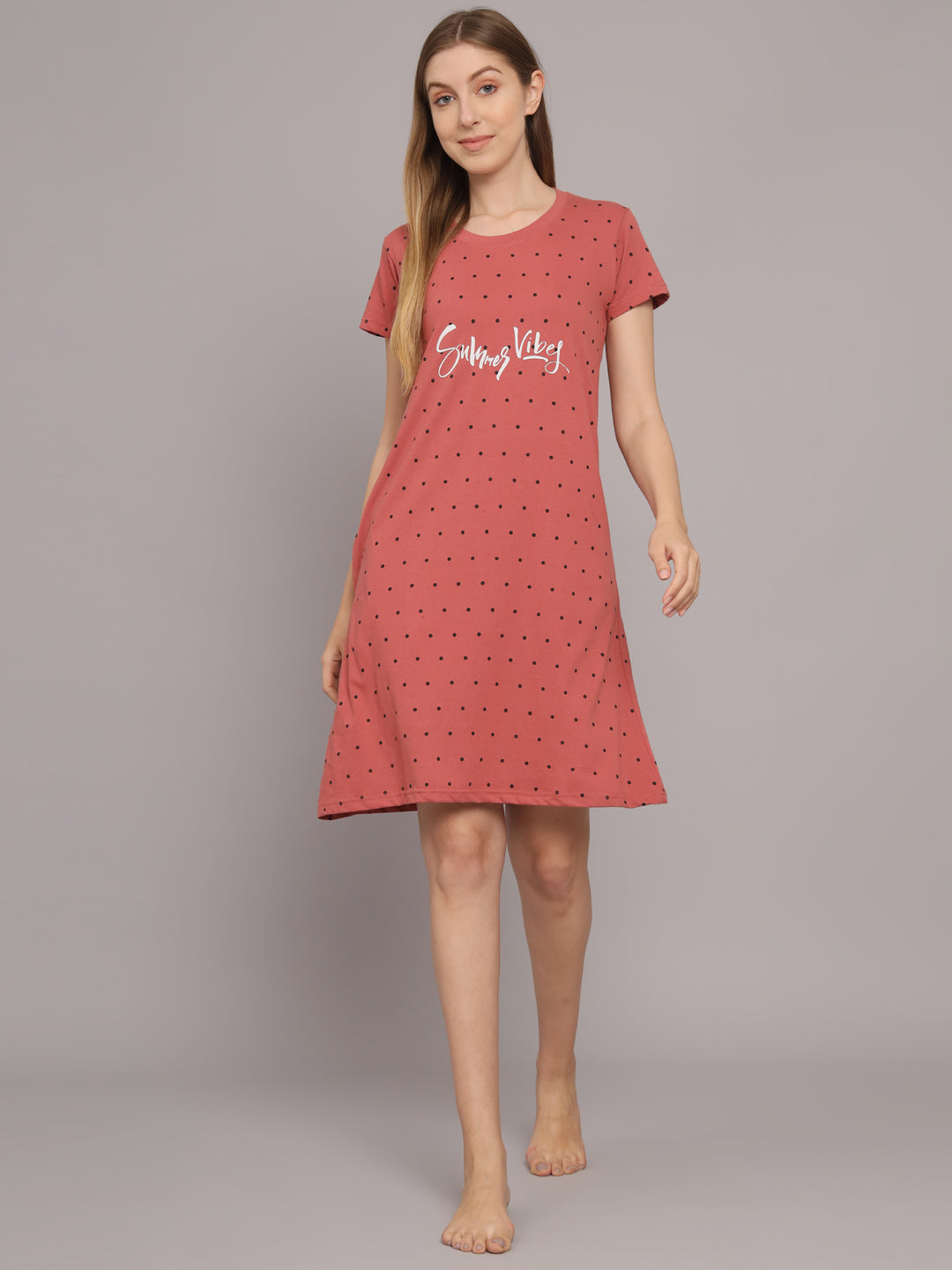 Sephani Women's Rust Hosiery Nightdress | Soft Printed Half Sleeve Nighty | Round Neck Lightweight Sleepwear