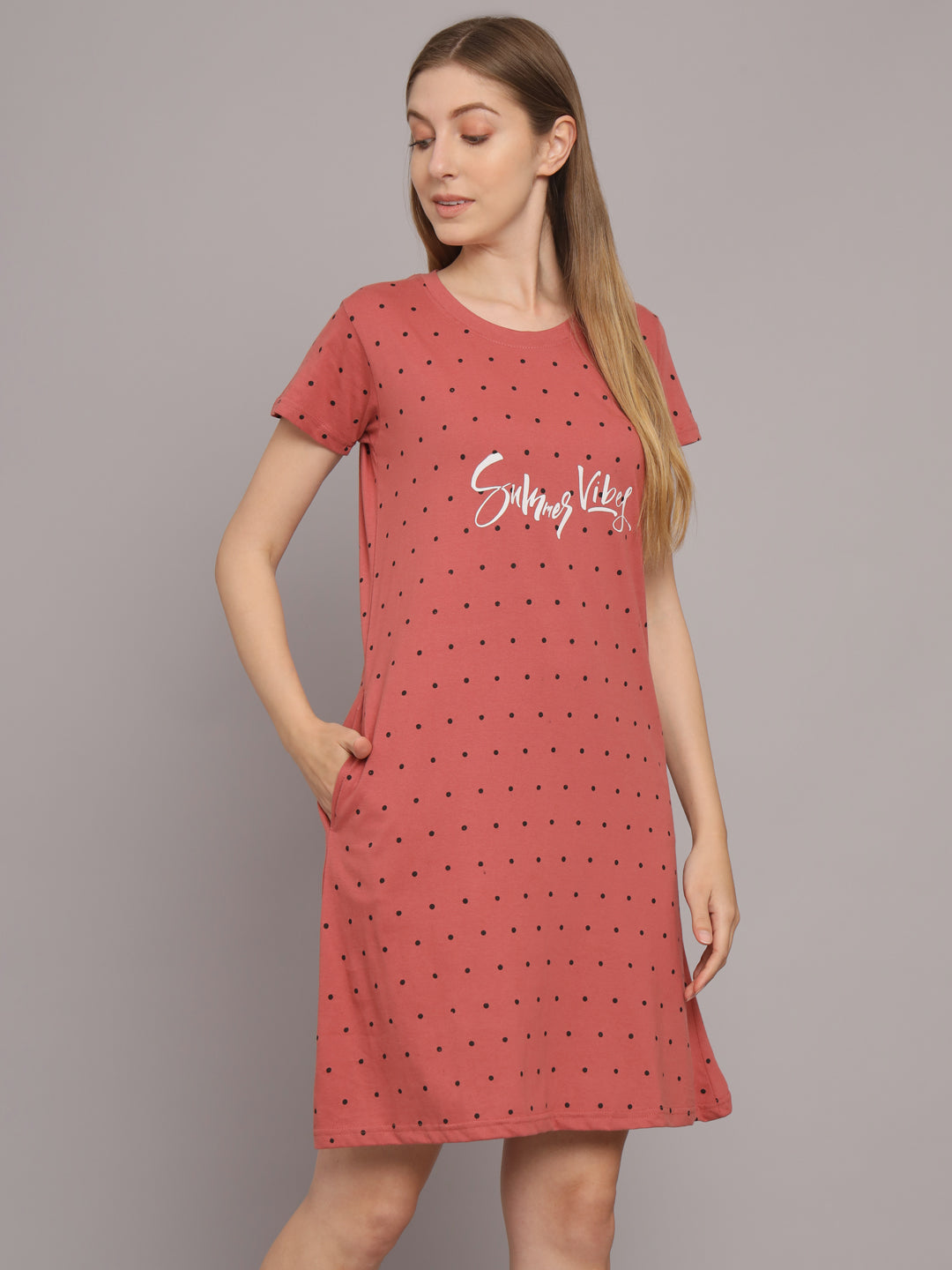 Sephani Women's Rust Hosiery Nightdress | Soft Printed Half Sleeve Nighty | Round Neck Lightweight Sleepwear