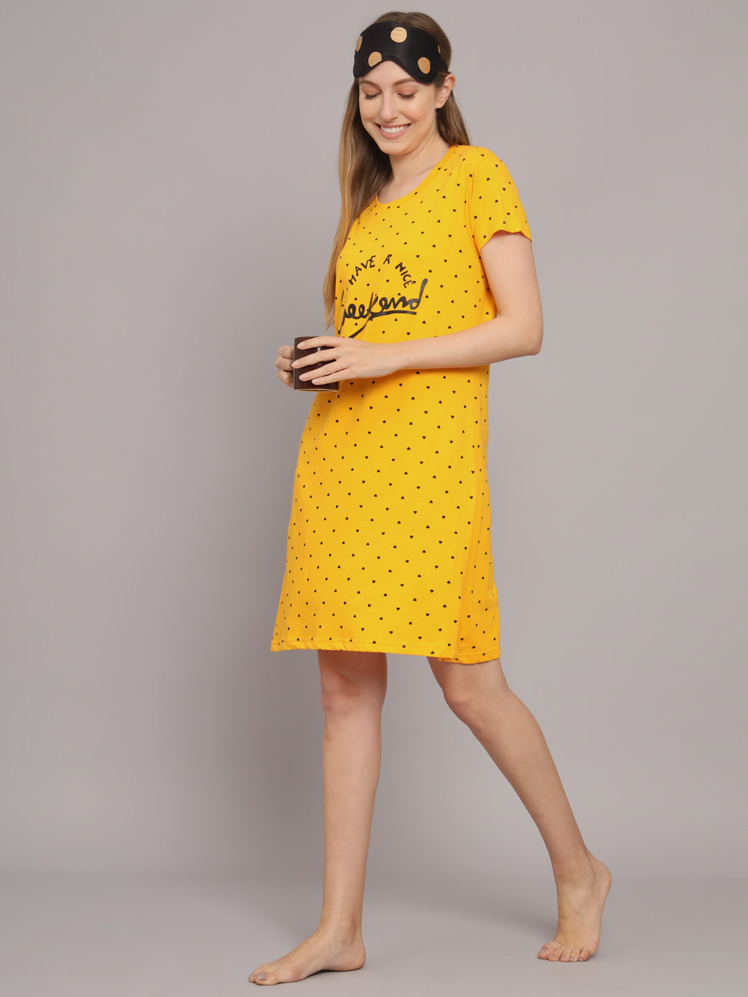 Sephani Women's Yellow Hosiery Nightdress | Soft Printed Half Sleeve Nighty | Round Neck Lightweight Sleepwear