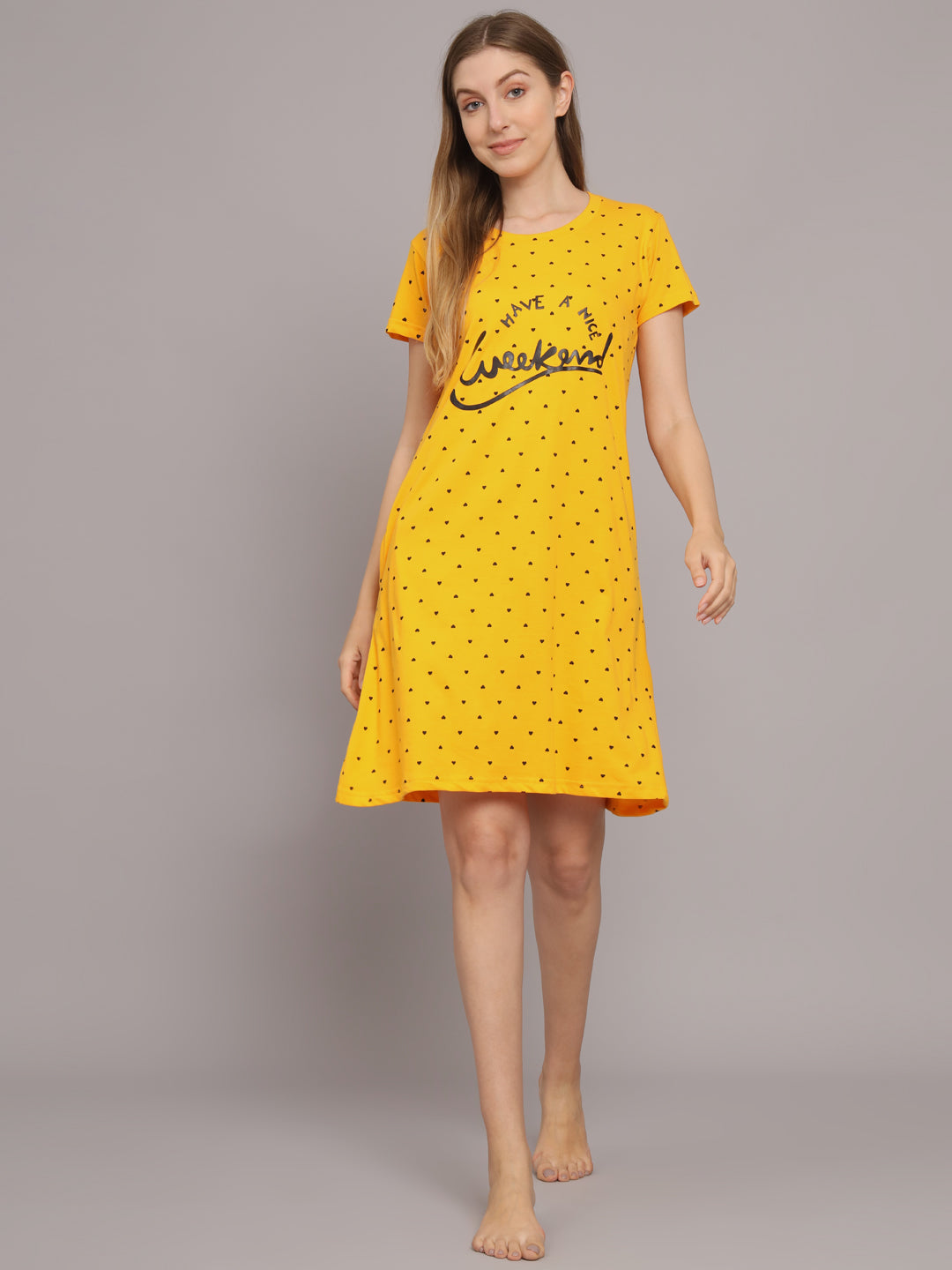 Sephani Women's Yellow Hosiery Nightdress | Soft Printed Half Sleeve Nighty | Round Neck Lightweight Sleepwear