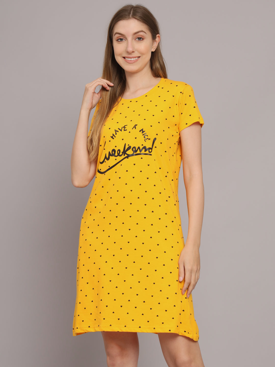 Sephani Women's Yellow Hosiery Nightdress | Soft Printed Half Sleeve Nighty | Round Neck Lightweight Sleepwear