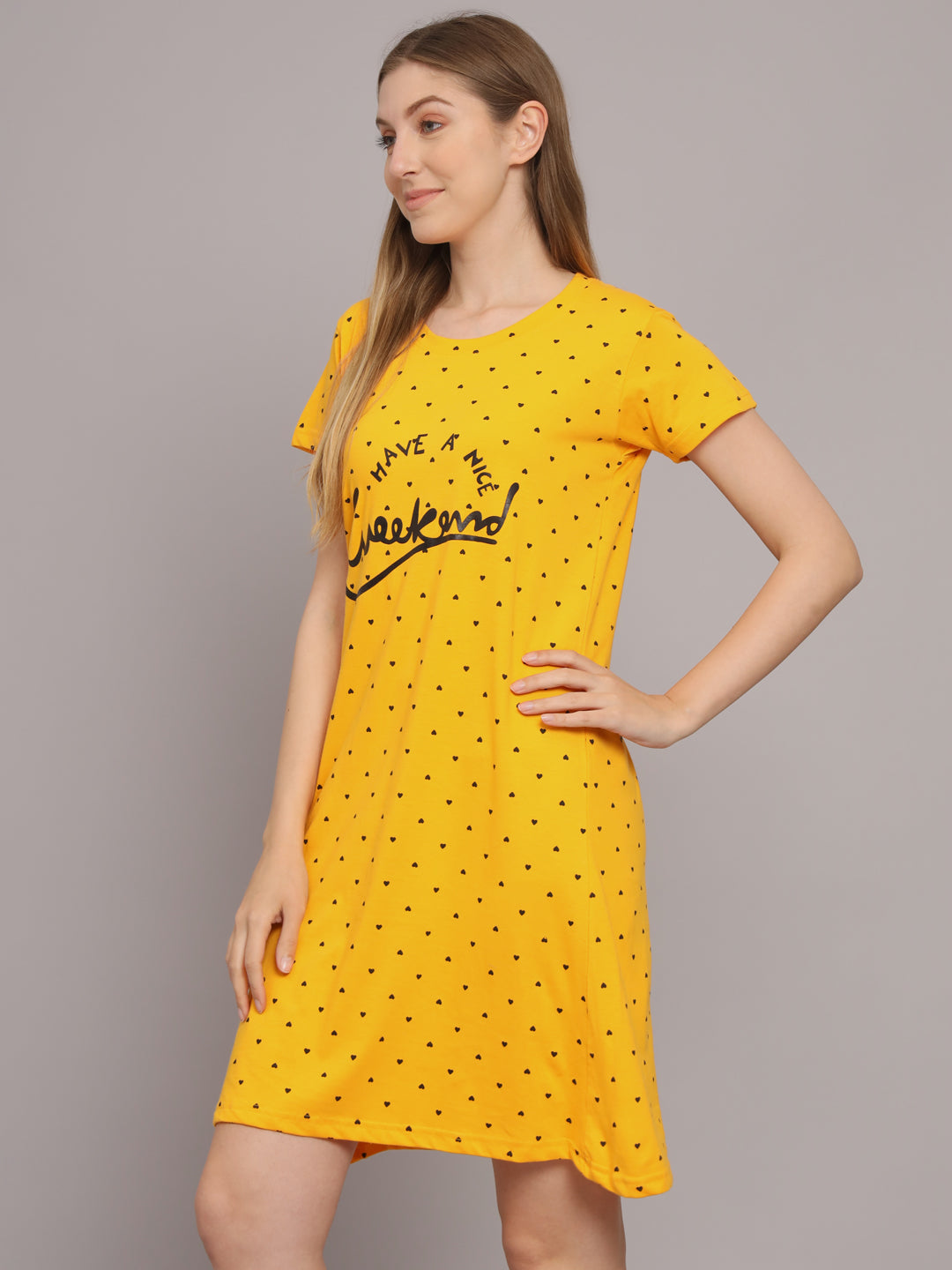 Sephani Women's Yellow Hosiery Nightdress | Soft Printed Half Sleeve Nighty | Round Neck Lightweight Sleepwear