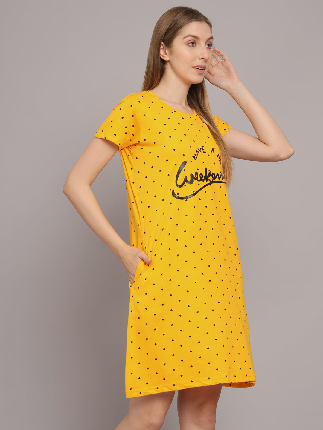 Sephani Women's Yellow Hosiery Nightdress | Soft Printed Half Sleeve Nighty | Round Neck Lightweight Sleepwear