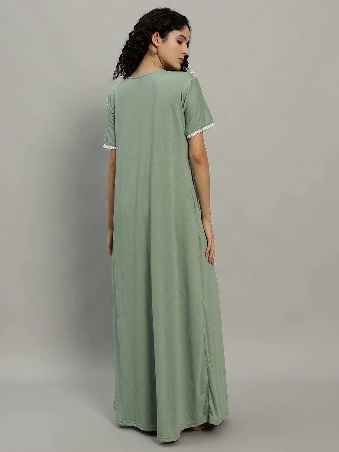 Sage Green Lace Yoke Cotton Night Gown for Women