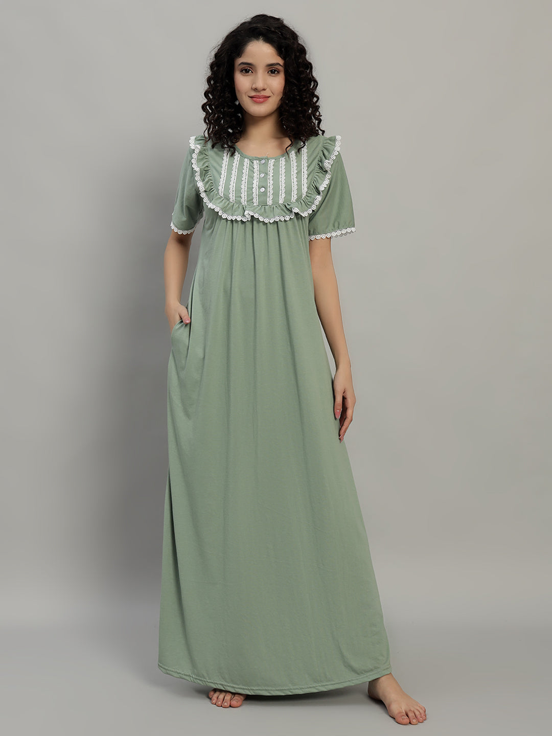 💚 Sage Green Lace Yoke Cotton Night Gown for Women – Elegant Maxi Nightwear with Pockets