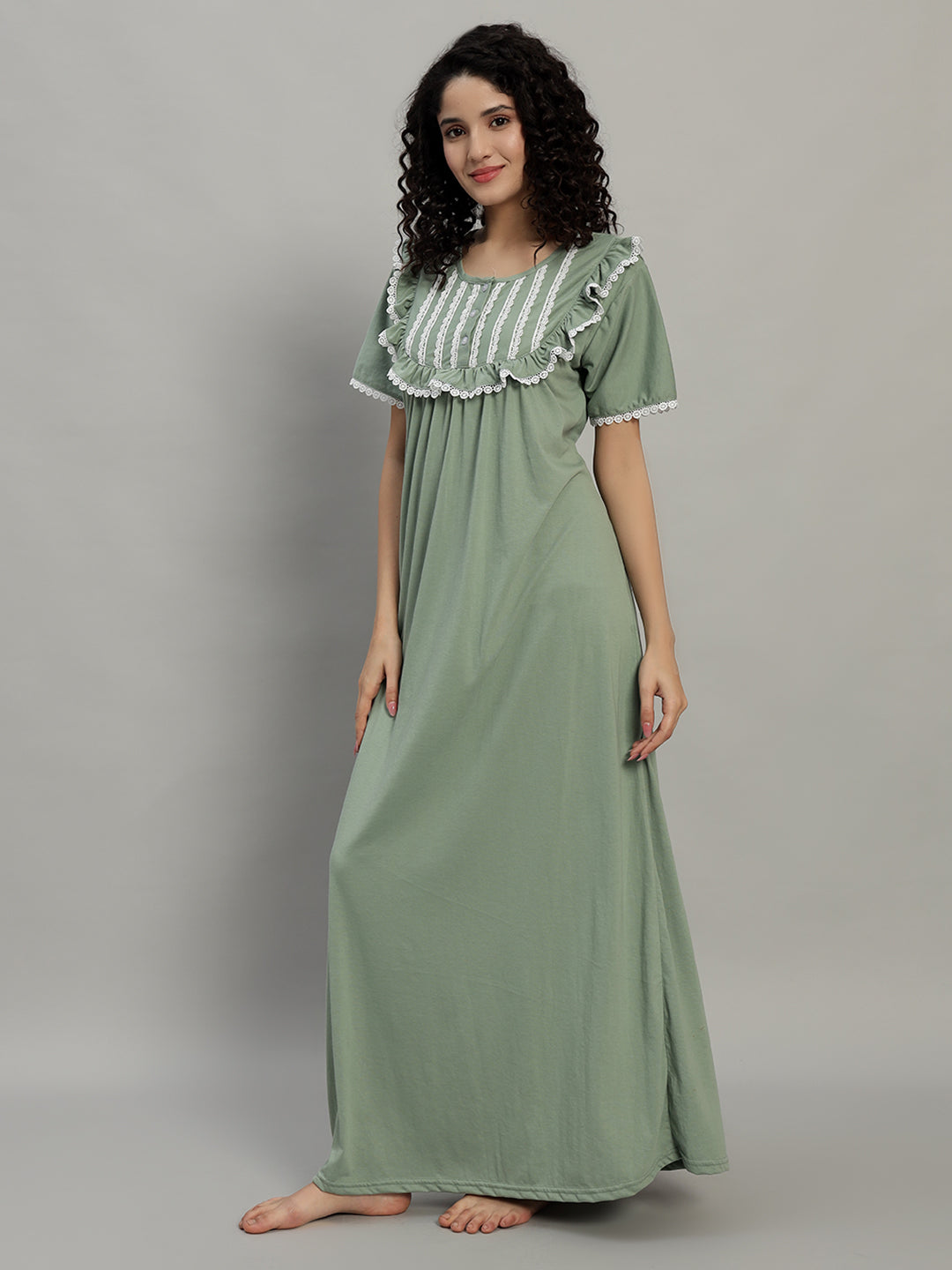 Sage Green Lace Yoke Cotton Night Gown for Women