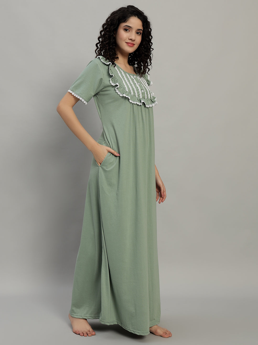 Sage Green Lace Yoke Cotton Night Gown for Women