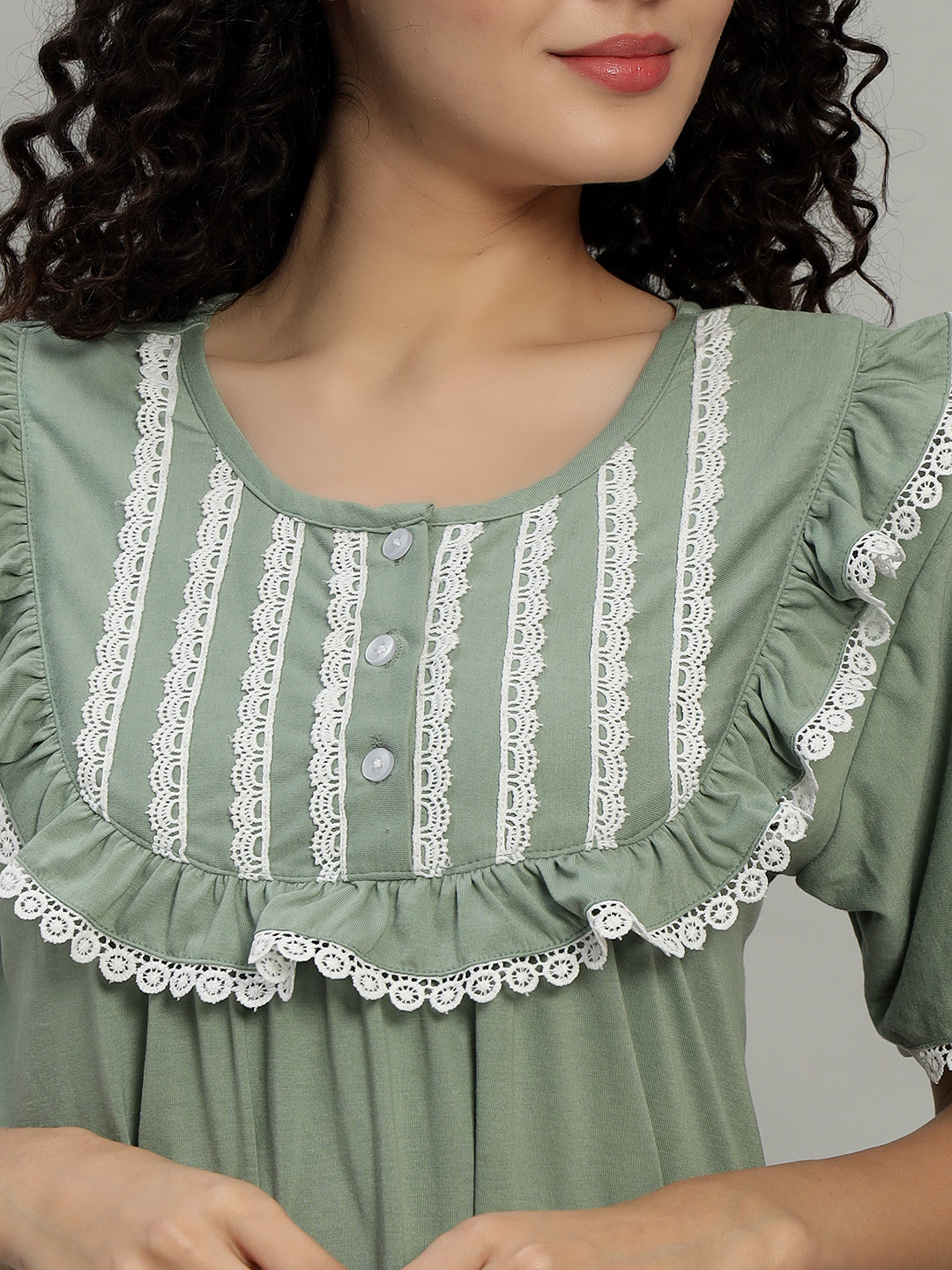 Sage Green Lace Yoke Cotton Night Gown for Women