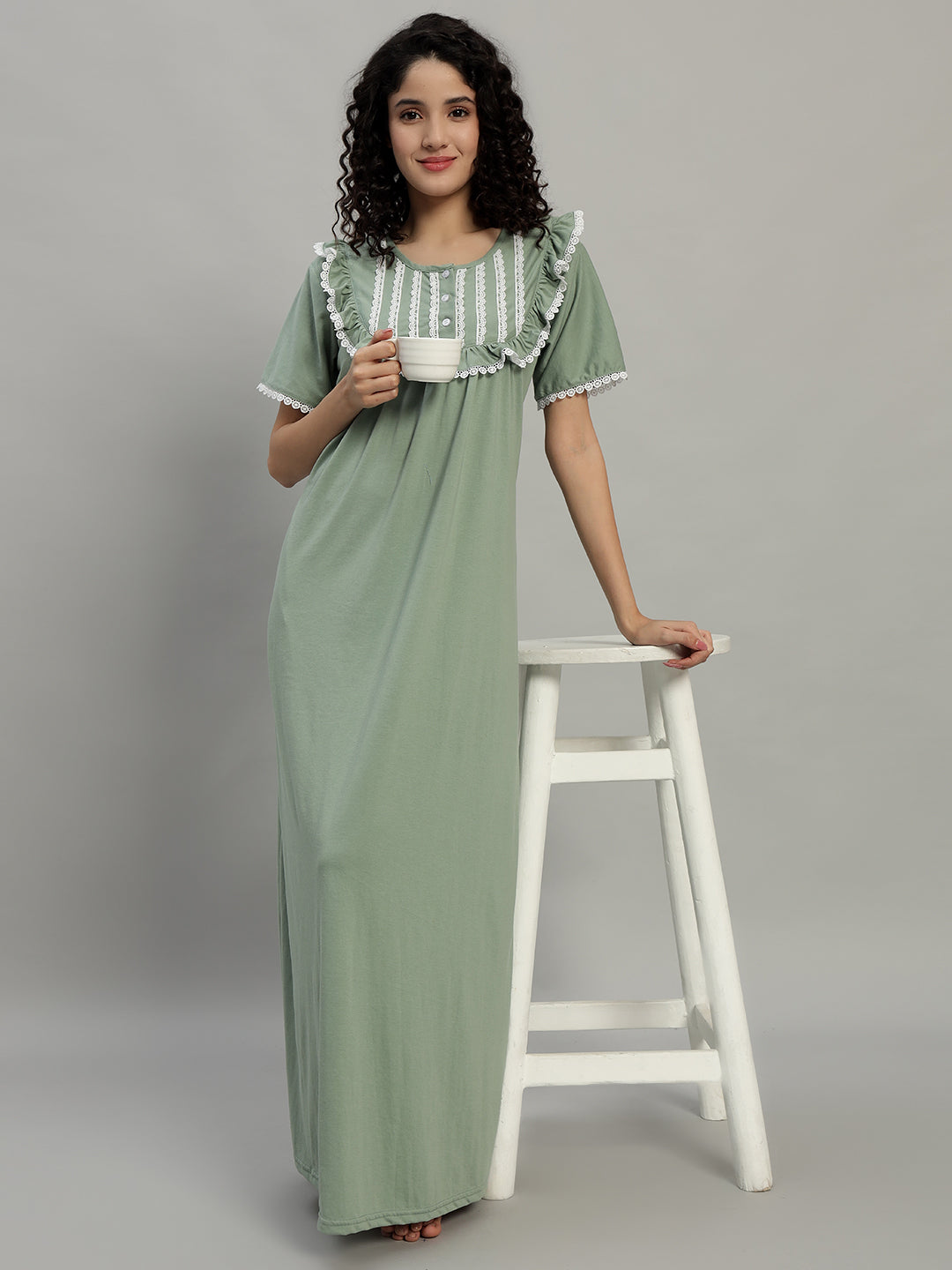 💚 Sage Green Lace Yoke Cotton Night Gown for Women – Elegant Maxi Nightwear with Pockets