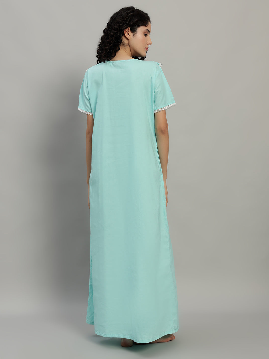 🌿 Mint Green Cotton Maxi Night Gown for Women – Lace Yoke Short Sleeve Comfortable Nightwear