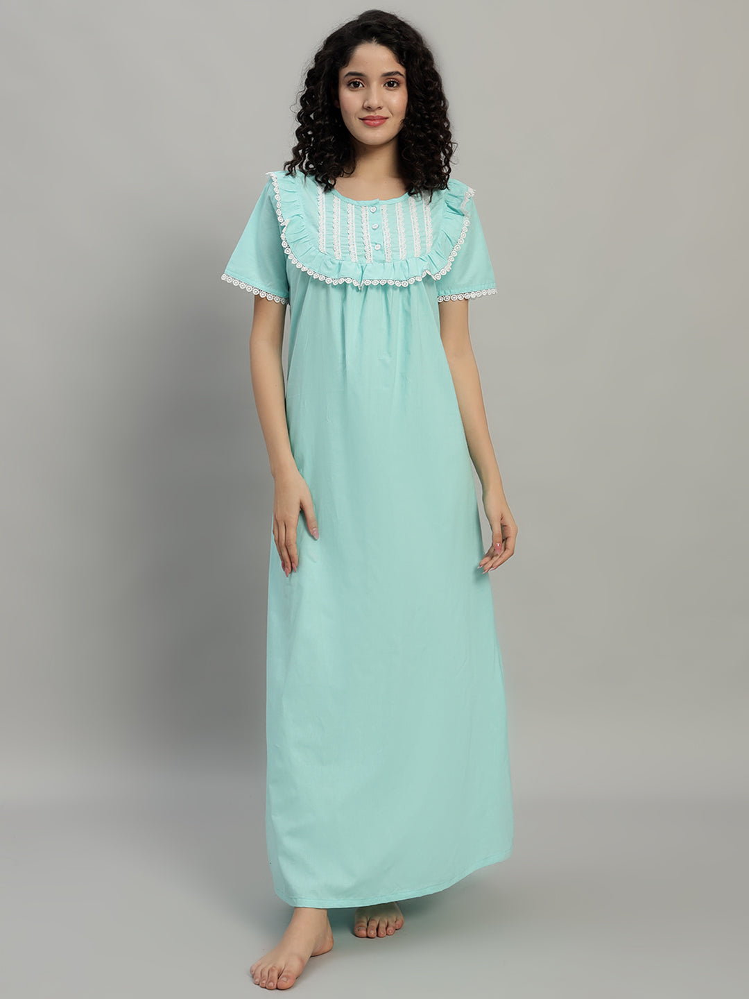 🌿 Mint Green Cotton Maxi Night Gown for Women – Lace Yoke Short Sleeve Comfortable Nightwear
