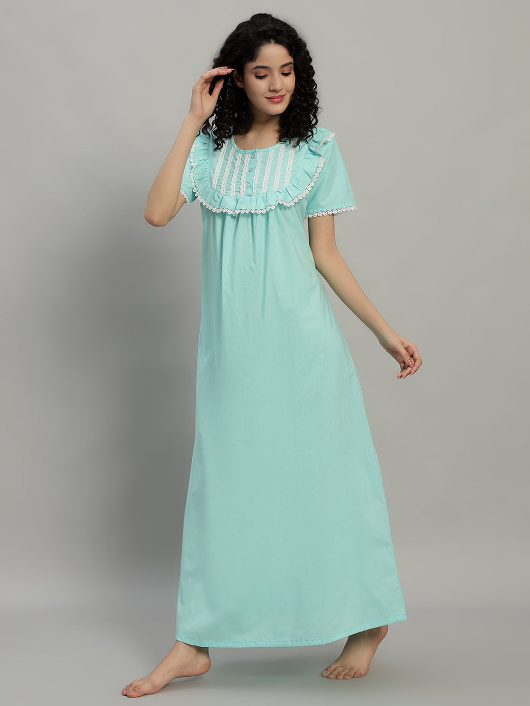 🌿 Mint Green Cotton Maxi Night Gown for Women – Lace Yoke Short Sleeve Comfortable Nightwear