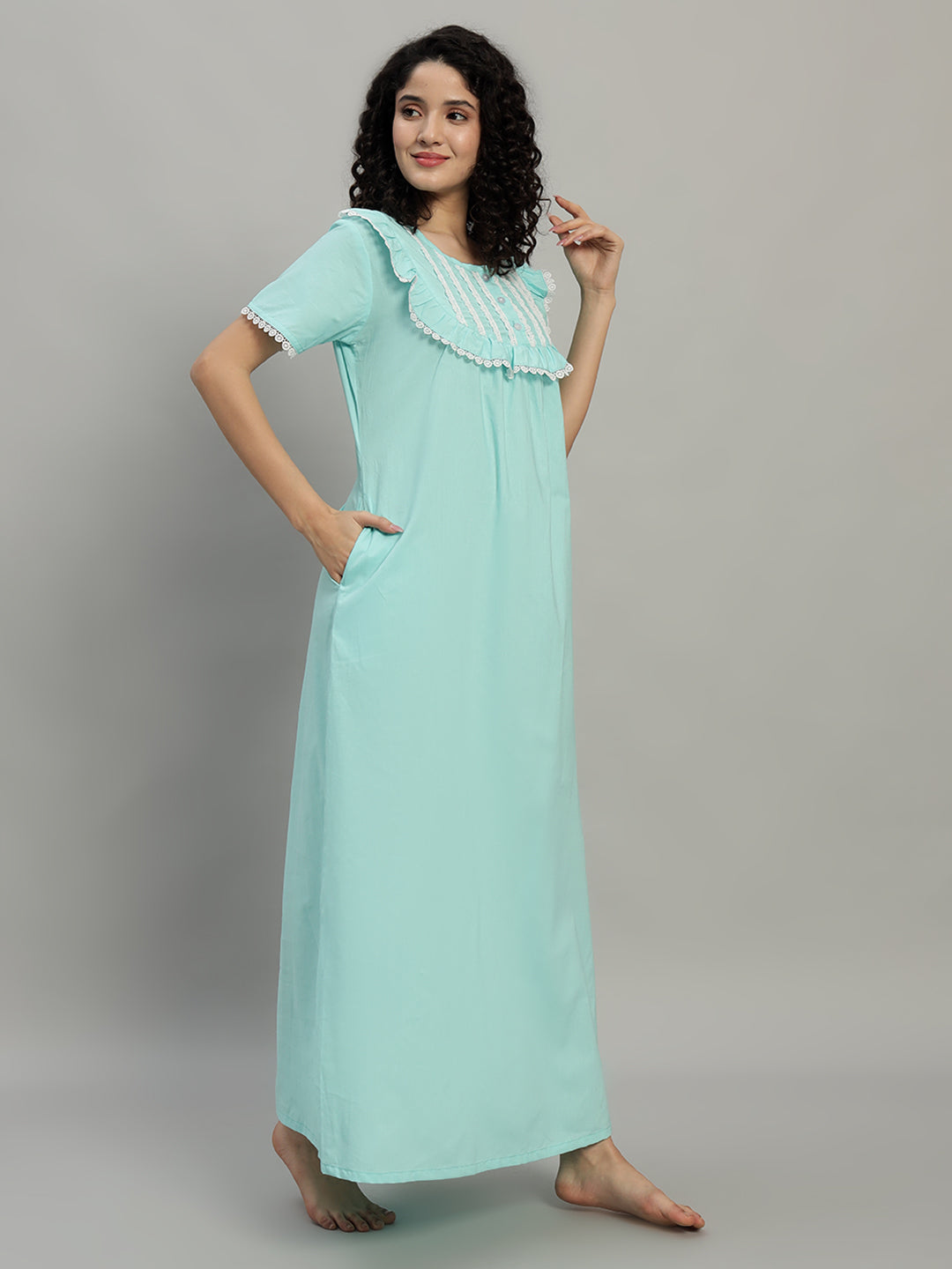 🌿 Mint Green Cotton Maxi Night Gown for Women – Lace Yoke Short Sleeve Comfortable Nightwear