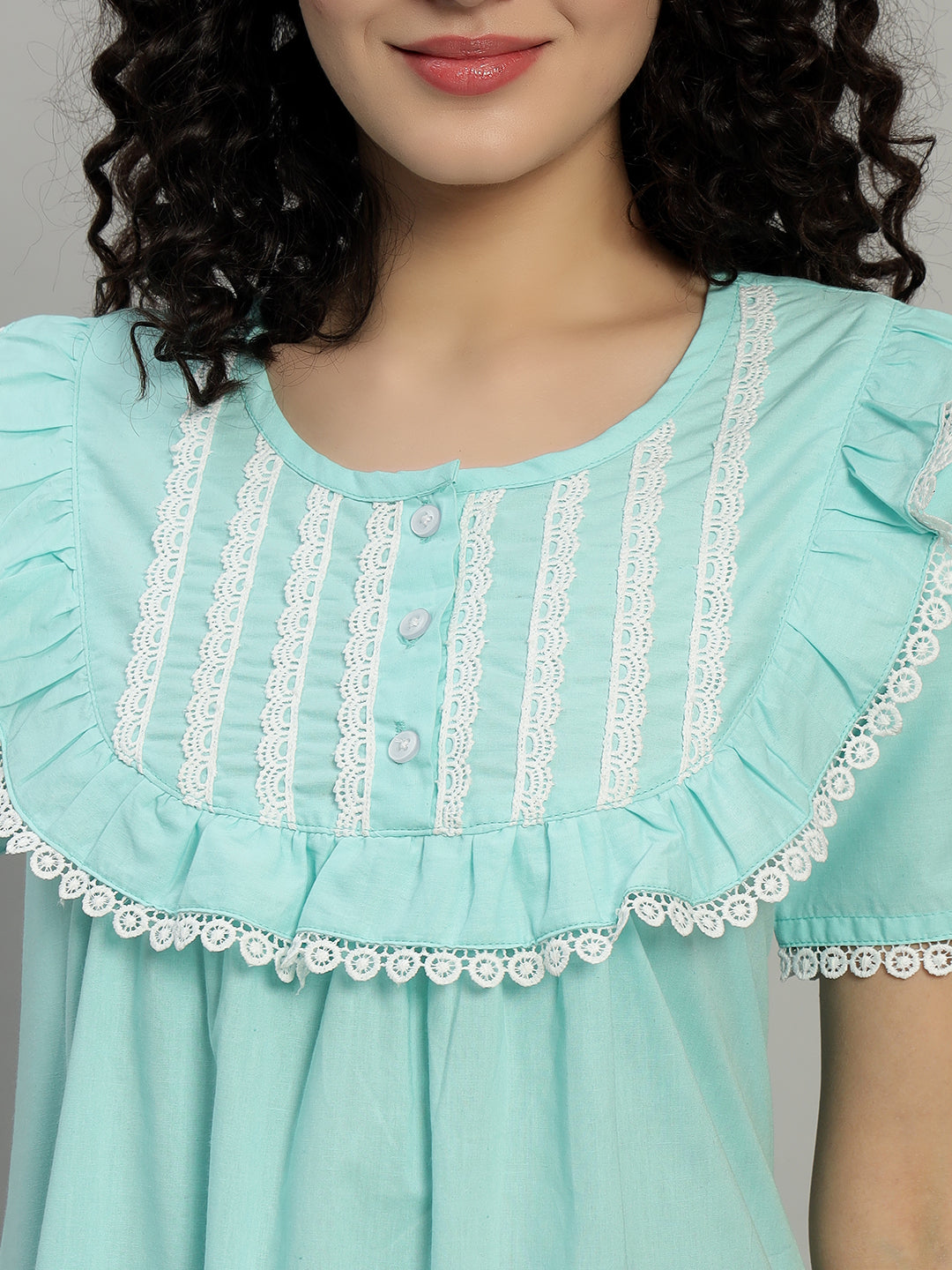 🌿 Mint Green Cotton Maxi Night Gown for Women – Lace Yoke Short Sleeve Comfortable Nightwear