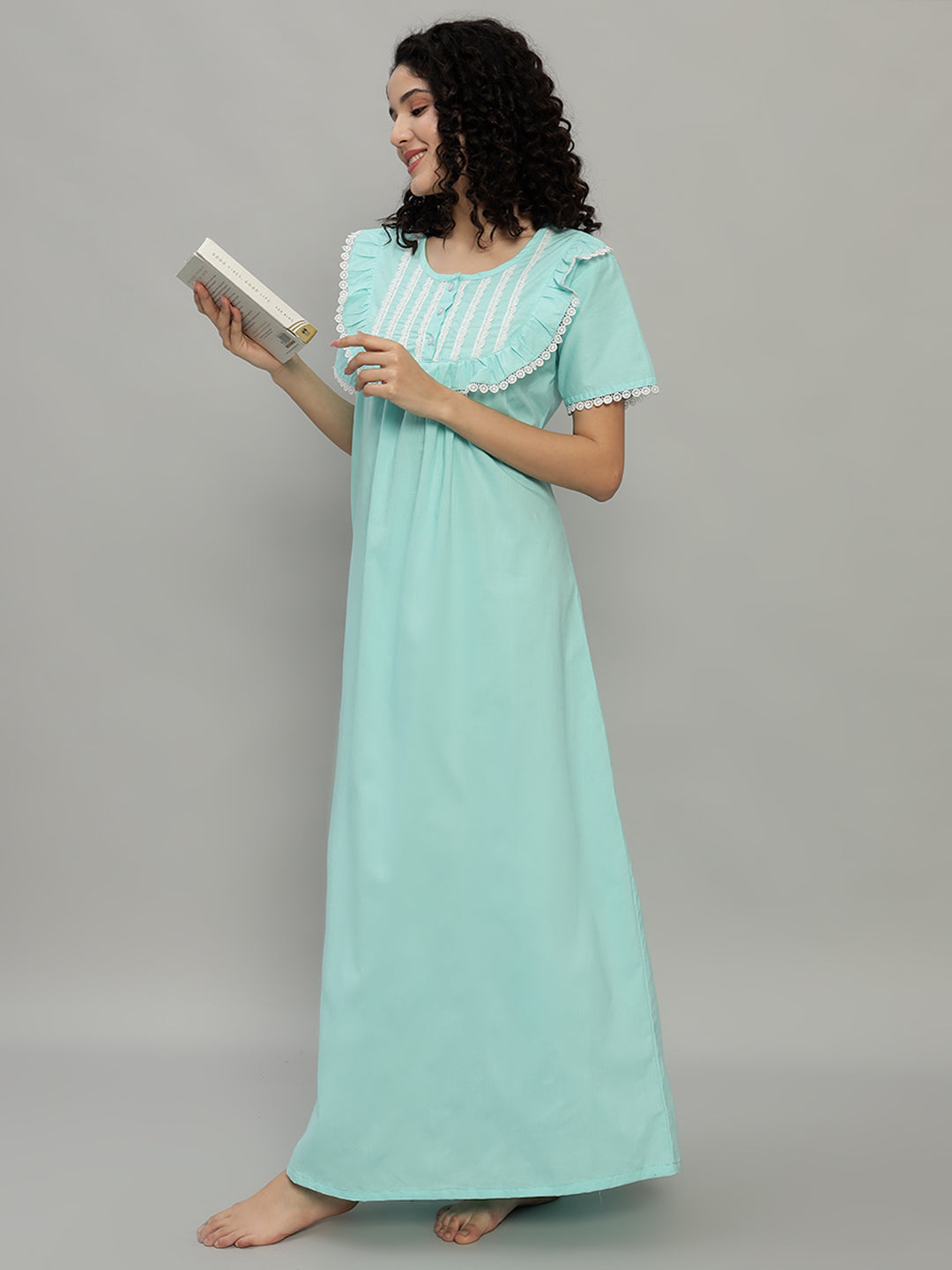 🌿 Mint Green Cotton Maxi Night Gown for Women – Lace Yoke Short Sleeve Comfortable Nightwear