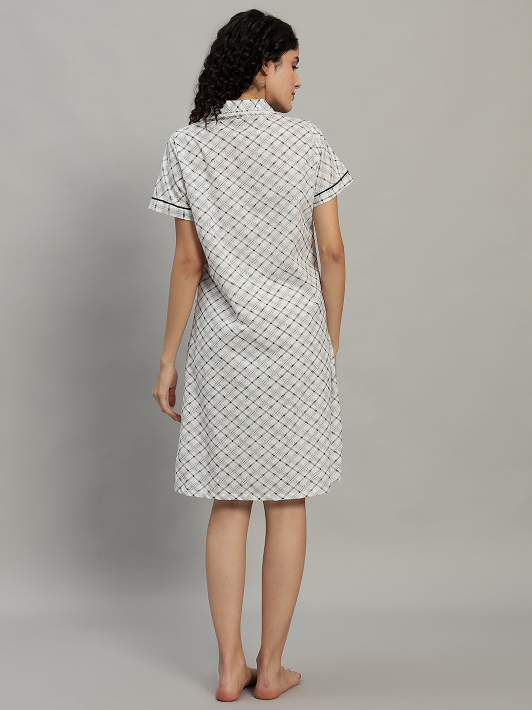 🌙 Grey Checked Cotton Short Night Gown for Women – Button Down Comfortable Nightwear with Pockets