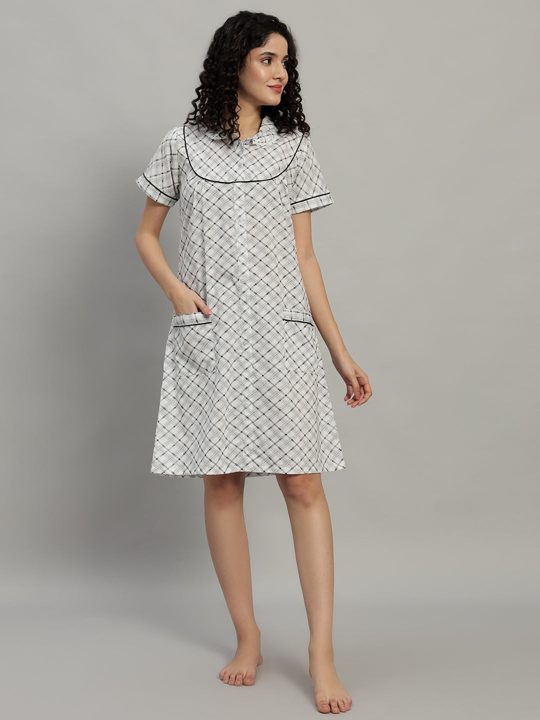 🌙 Grey Checked Cotton Short Night Gown for Women – Button Down Comfortable Nightwear with Pockets