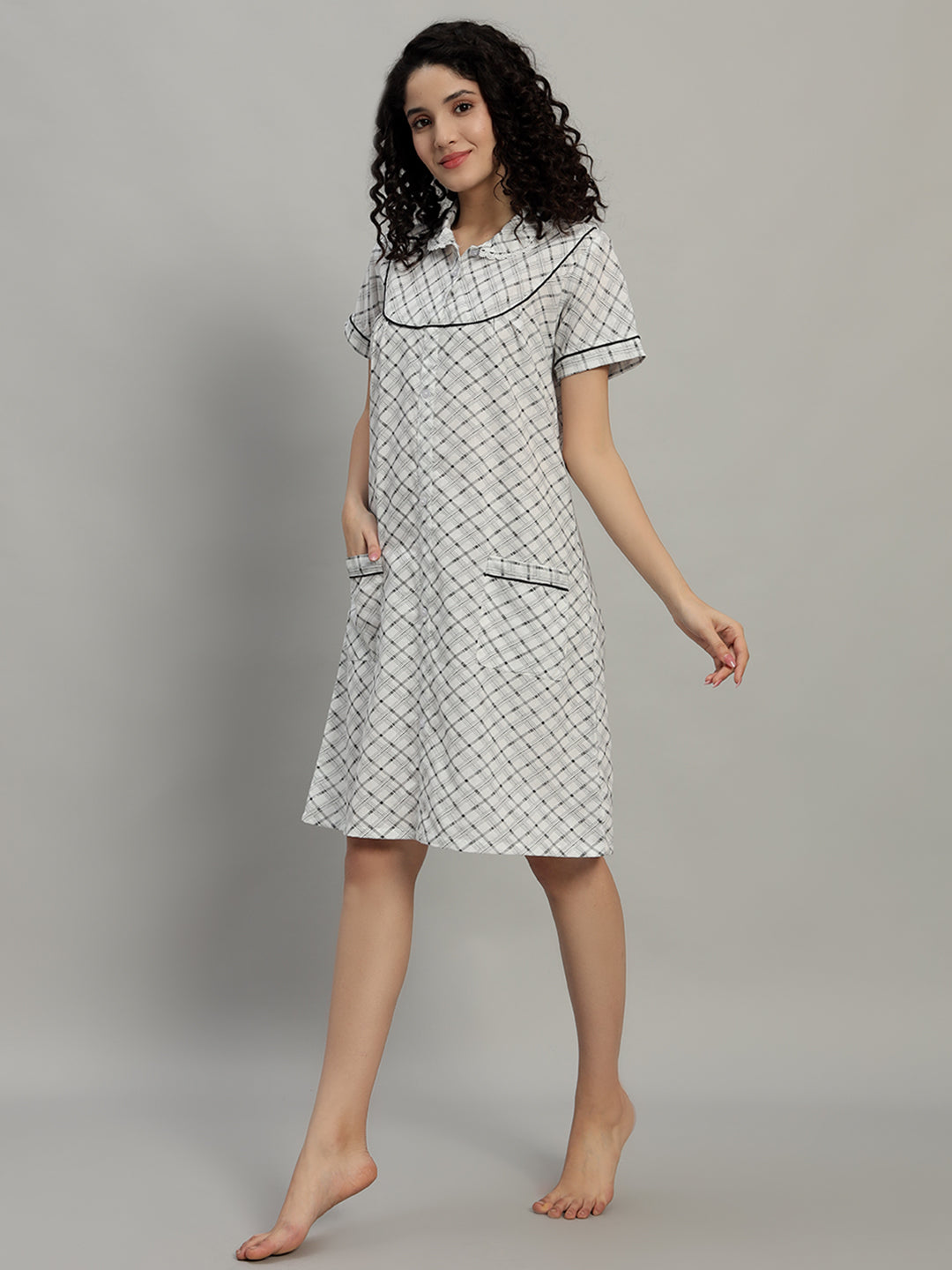 🌙 Grey Checked Cotton Short Night Gown for Women – Button Down Comfortable Nightwear with Pockets