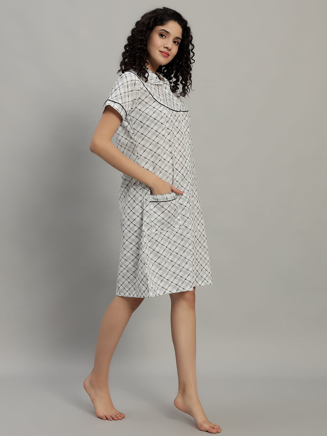 🌙 Grey Checked Cotton Short Night Gown for Women – Button Down Comfortable Nightwear with Pockets