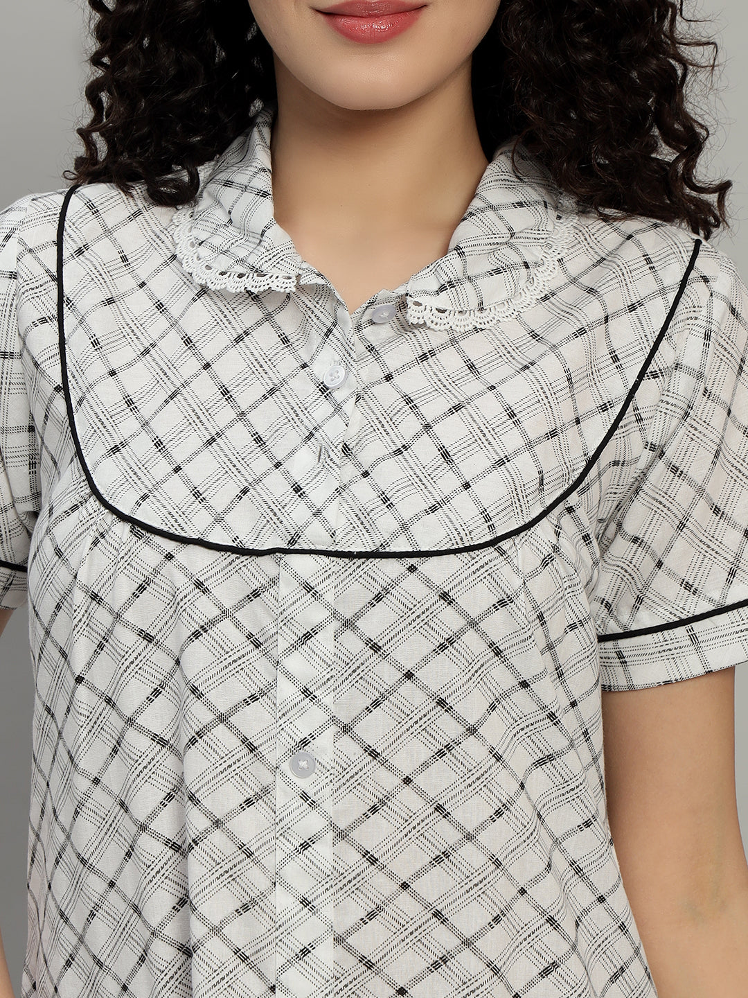 🌙 Grey Checked Cotton Short Night Gown for Women – Button Down Comfortable Nightwear with Pockets