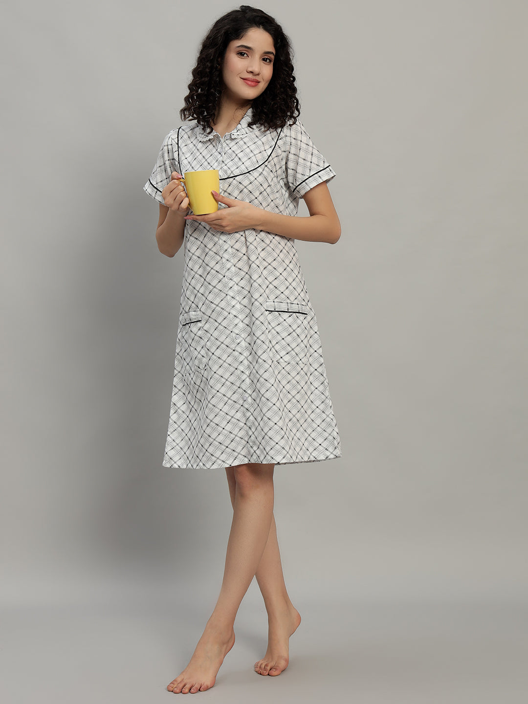 🌙 Grey Checked Cotton Short Night Gown for Women – Button Down Comfortable Nightwear with Pockets