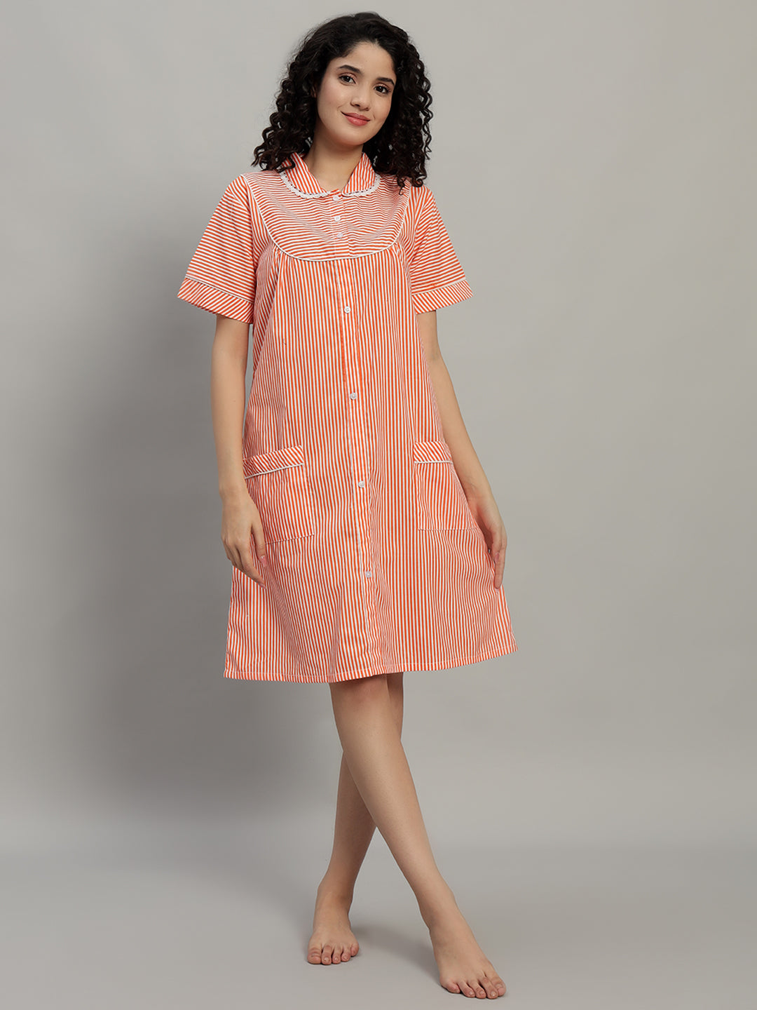🧡 Orange Striped Cotton Short Night Gown for Women – Button Down Comfortable Nightwear with Pockets