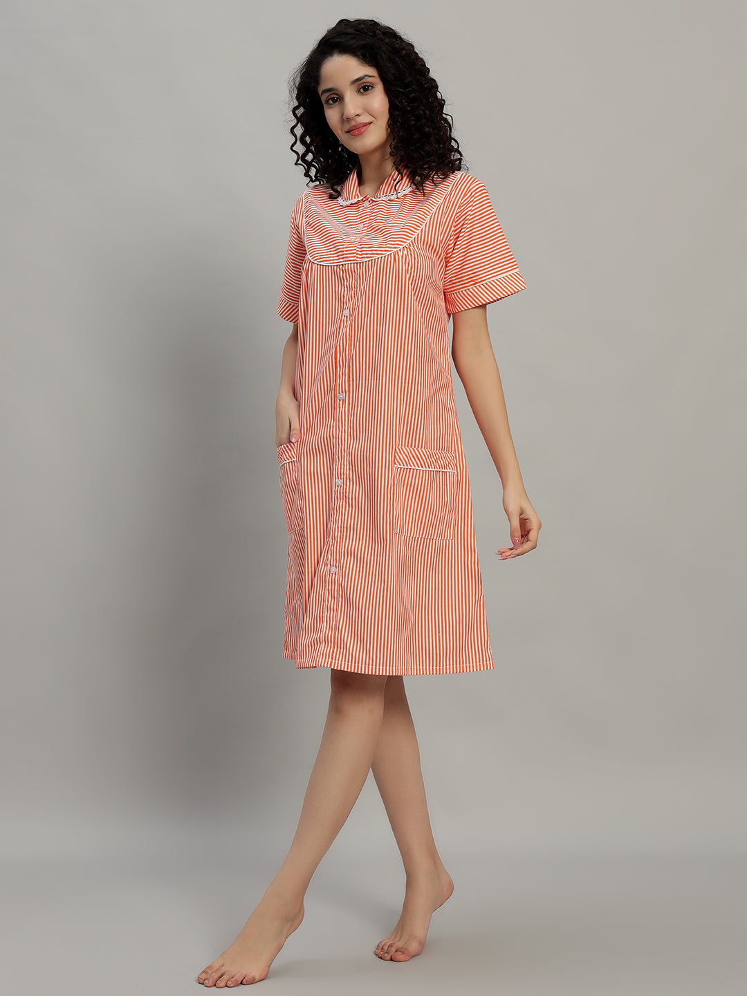 🧡 Orange Striped Cotton Short Night Gown for Women – Button Down Comfortable Nightwear with Pockets