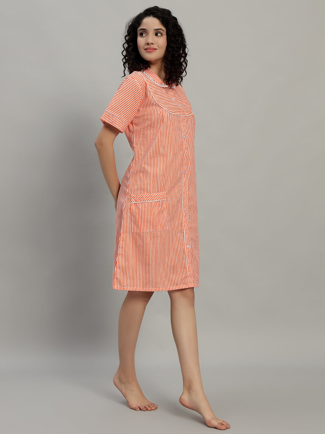 🧡 Orange Striped Cotton Short Night Gown for Women – Button Down Comfortable Nightwear with Pockets