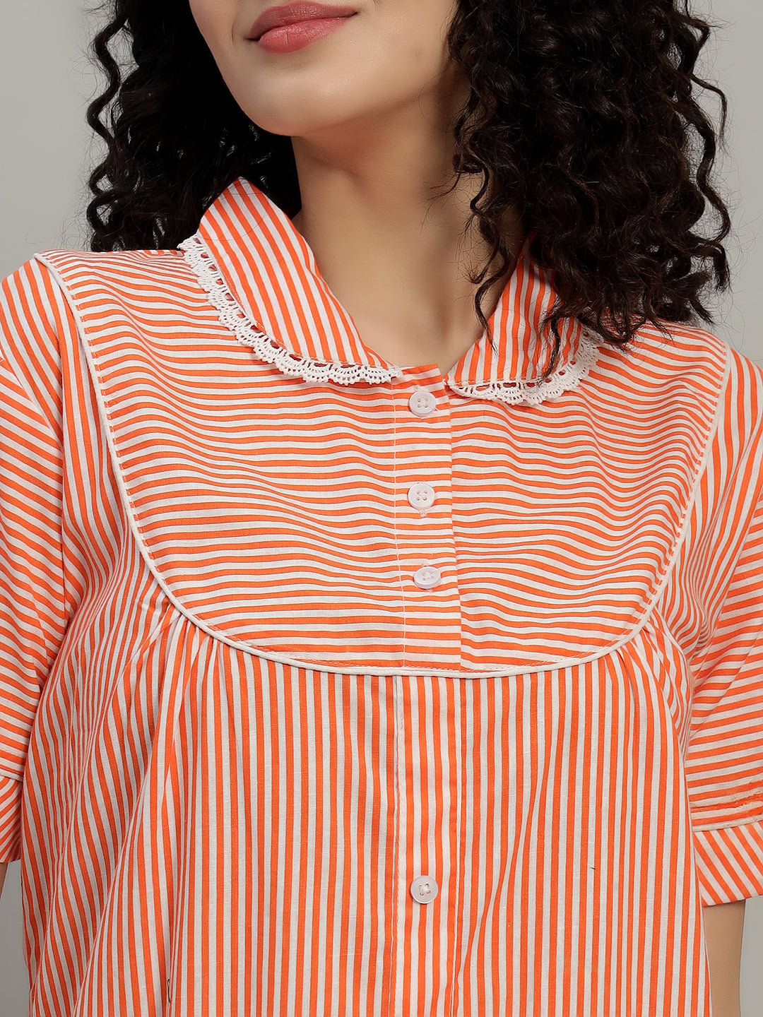 🧡 Orange Striped Cotton Short Night Gown for Women – Button Down Comfortable Nightwear with Pockets