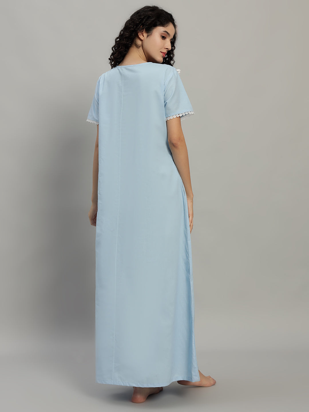 💙 Sky Blue Cotton Maxi Night Gown for Women – Lace Yoke Short Sleeve Comfortable Nightwear