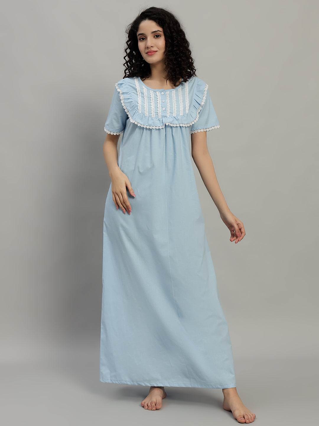 💙 Sky Blue Cotton Maxi Night Gown for Women – Lace Yoke Short Sleeve Comfortable Nightwear