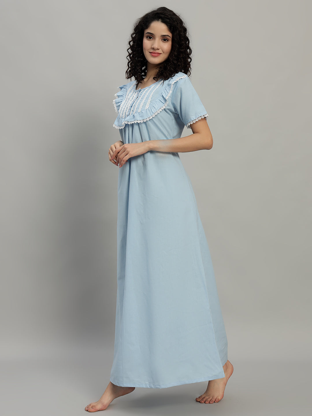 💙 Sky Blue Cotton Maxi Night Gown for Women – Lace Yoke Short Sleeve Comfortable Nightwear