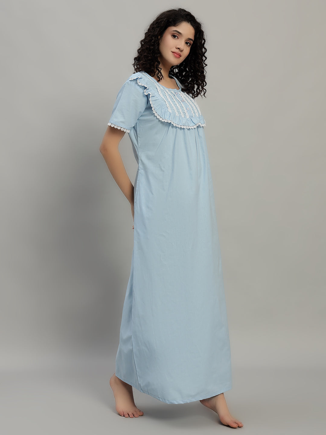 💙 Sky Blue Cotton Maxi Night Gown for Women – Lace Yoke Short Sleeve Comfortable Nightwear