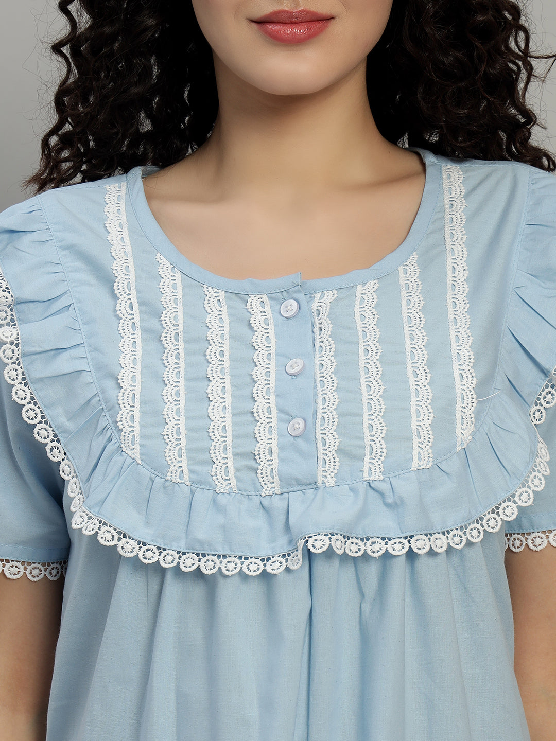 💙 Sky Blue Cotton Maxi Night Gown for Women – Lace Yoke Short Sleeve Comfortable Nightwear