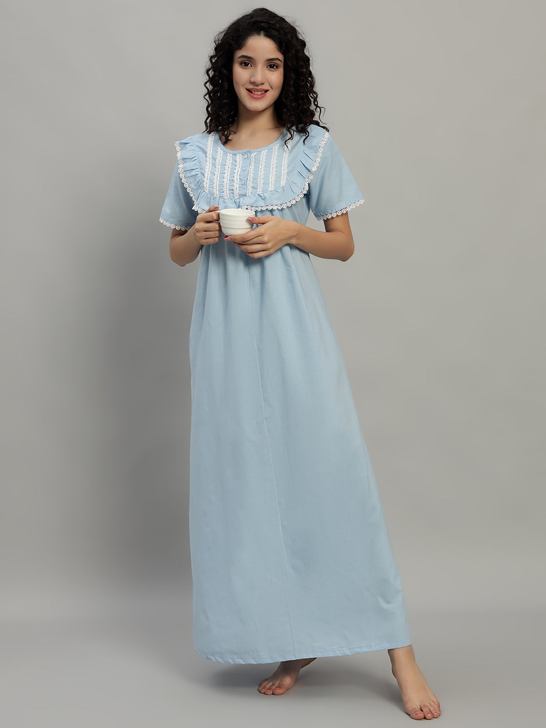 💙 Sky Blue Cotton Maxi Night Gown for Women – Lace Yoke Short Sleeve Comfortable Nightwear