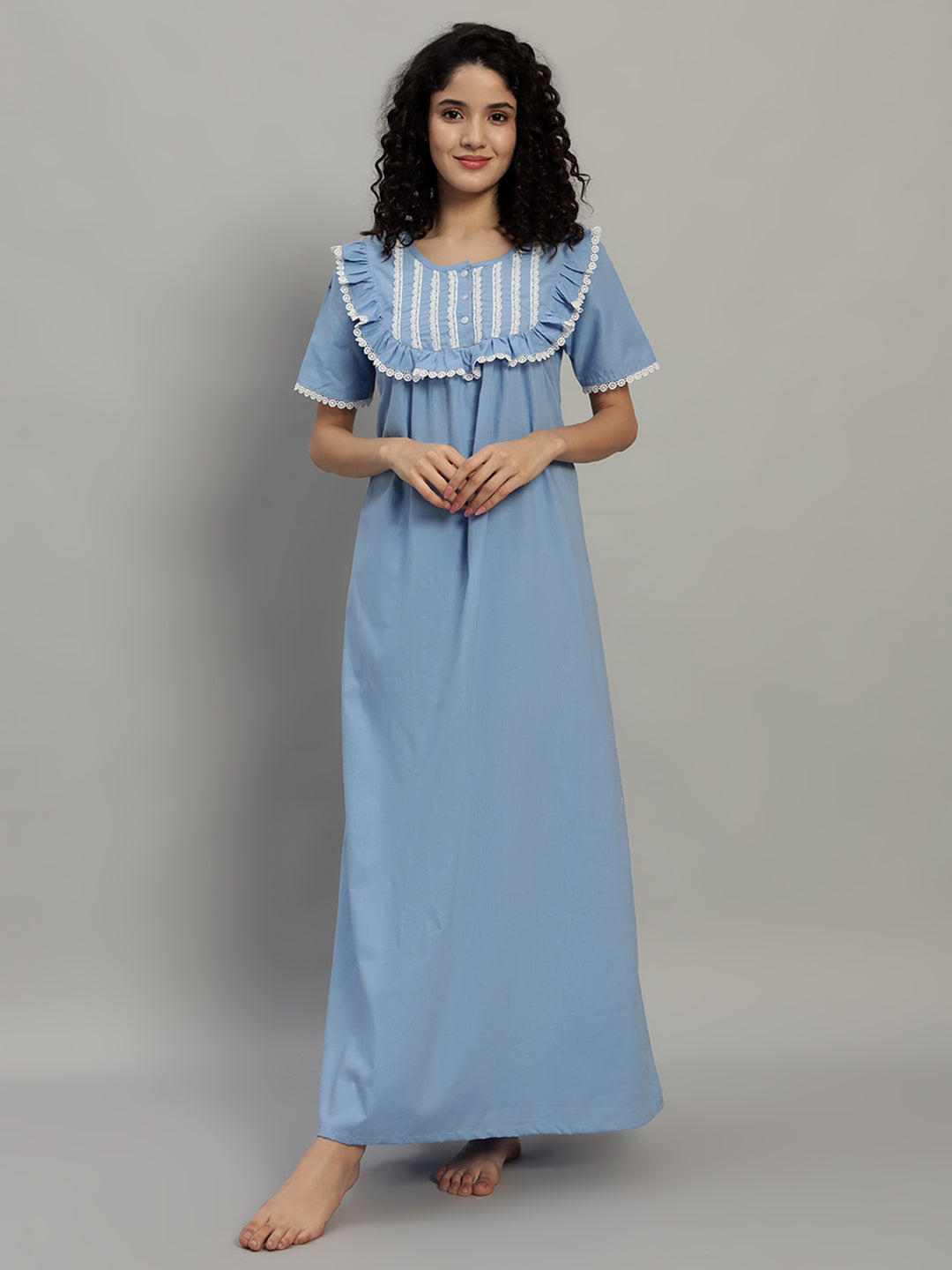 Sky Blue Cotton Maxi Night Gown for Women – Lace Yoke Short Sleeve Comfortable Nightwear