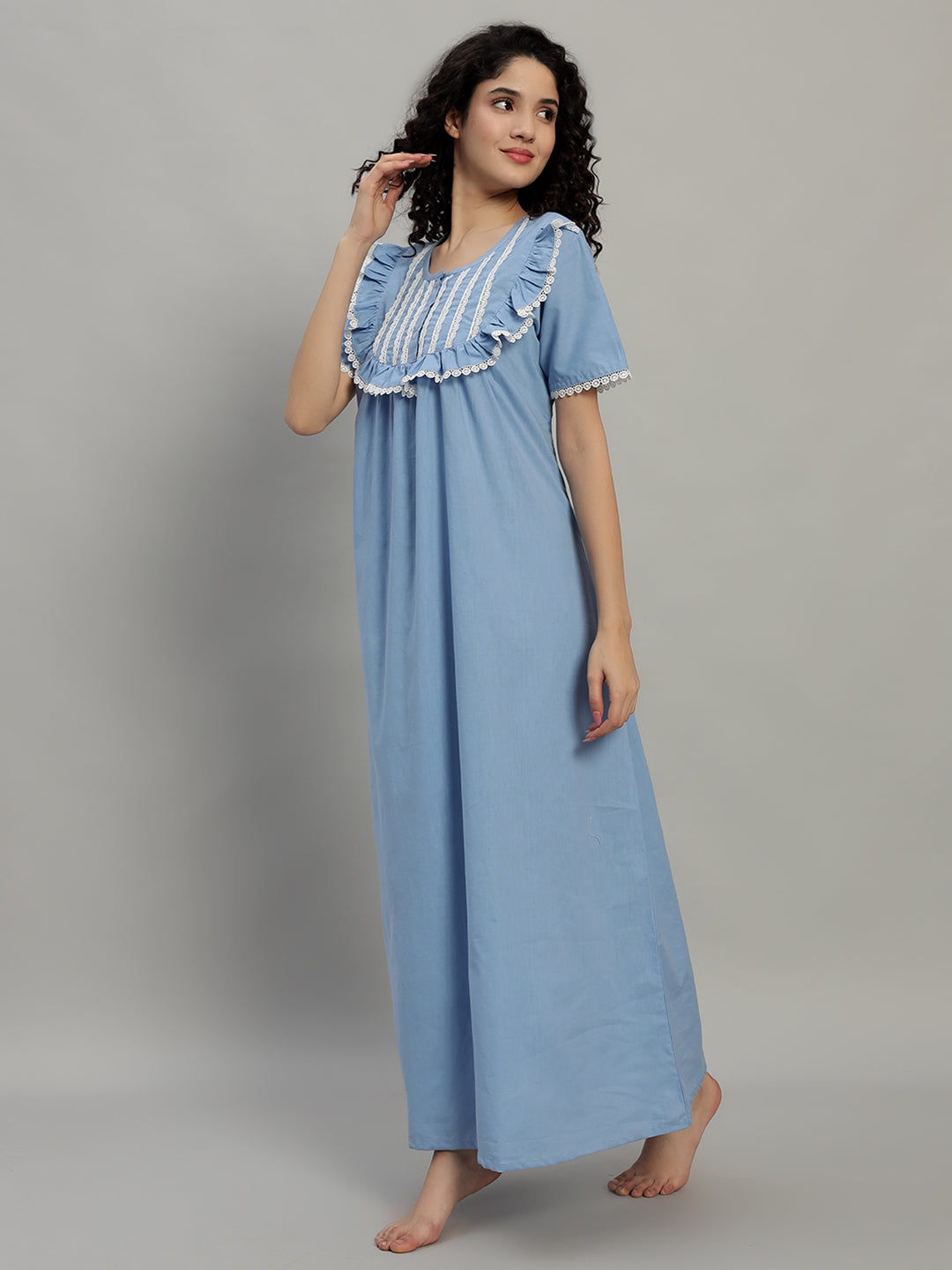 Sky Blue Cotton Maxi Night Gown for Women – Lace Yoke Short Sleeve Comfortable Nightwear