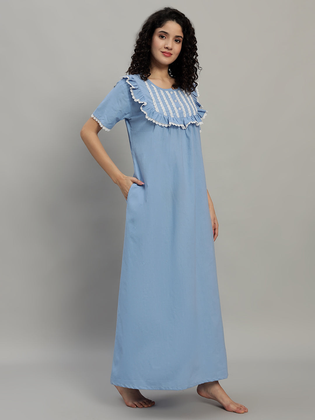 Sky Blue Cotton Maxi Night Gown for Women – Lace Yoke Short Sleeve Comfortable Nightwear