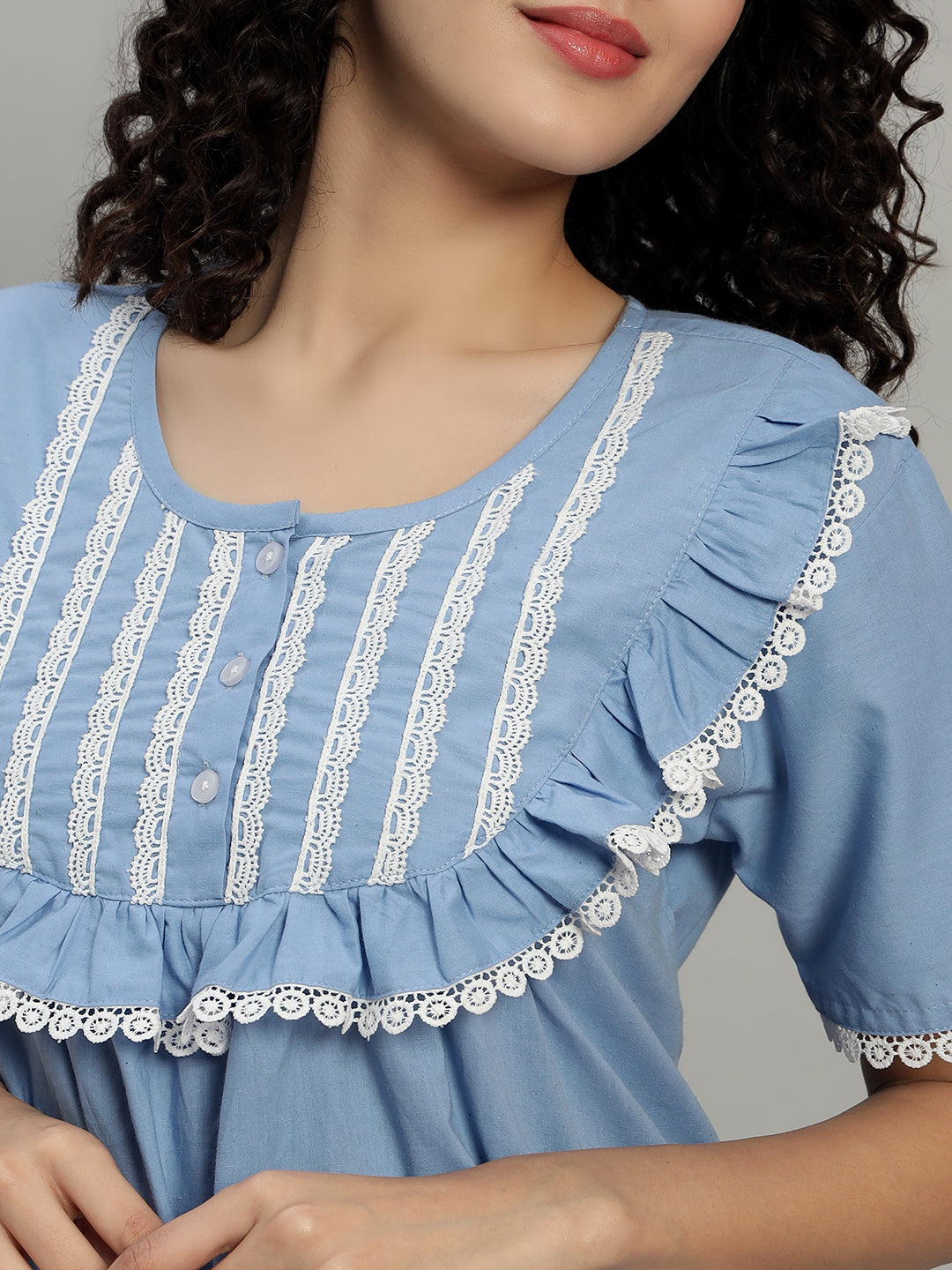 Sky Blue Cotton Maxi Night Gown for Women – Lace Yoke Short Sleeve Comfortable Nightwear