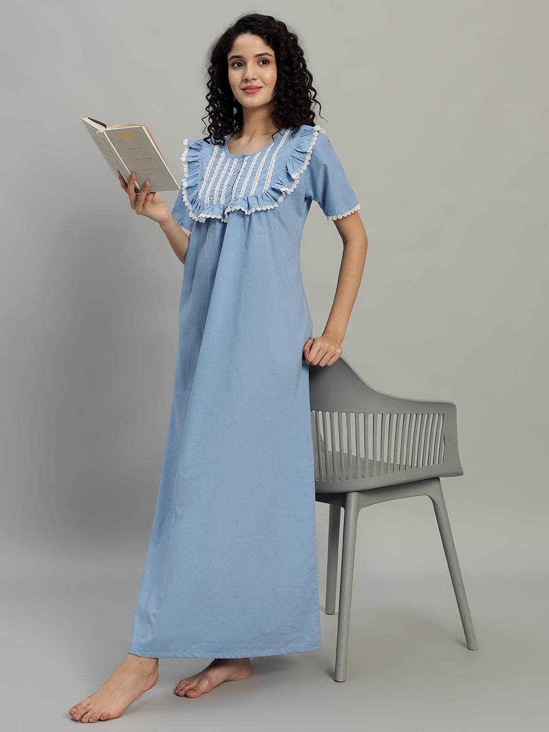 Sky Blue Cotton Maxi Night Gown for Women – Lace Yoke Short Sleeve Comfortable Nightwear