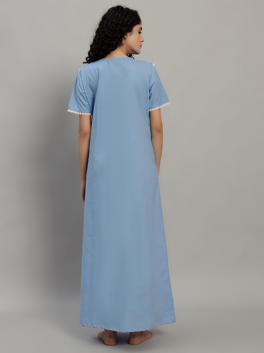 Sky Blue Cotton Maxi Night Gown for Women – Lace Yoke Short Sleeve Comfortable Nightwear