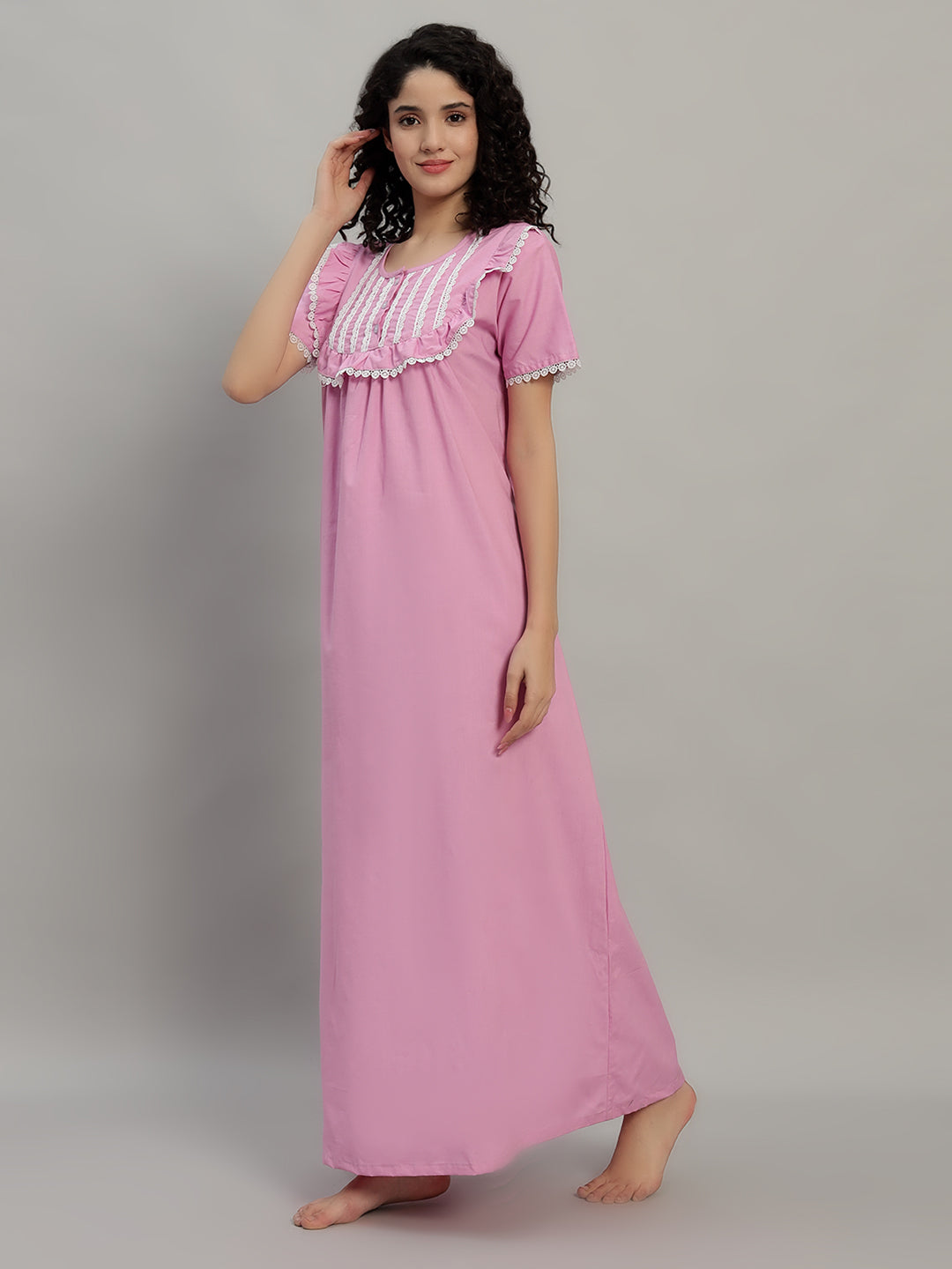 🌸 Pink Cotton Maxi Night Gown for Women – Lace Yoke Short Sleeve Comfortable Nightwear