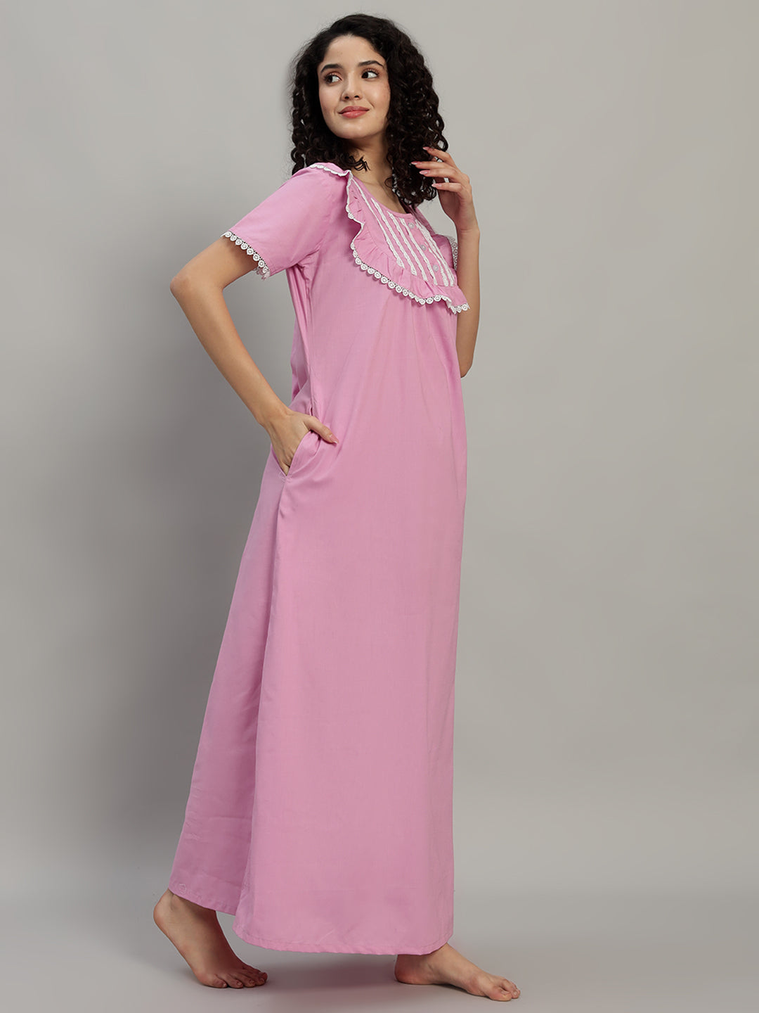 🌸 Pink Cotton Maxi Night Gown for Women – Lace Yoke Short Sleeve Comfortable Nightwear