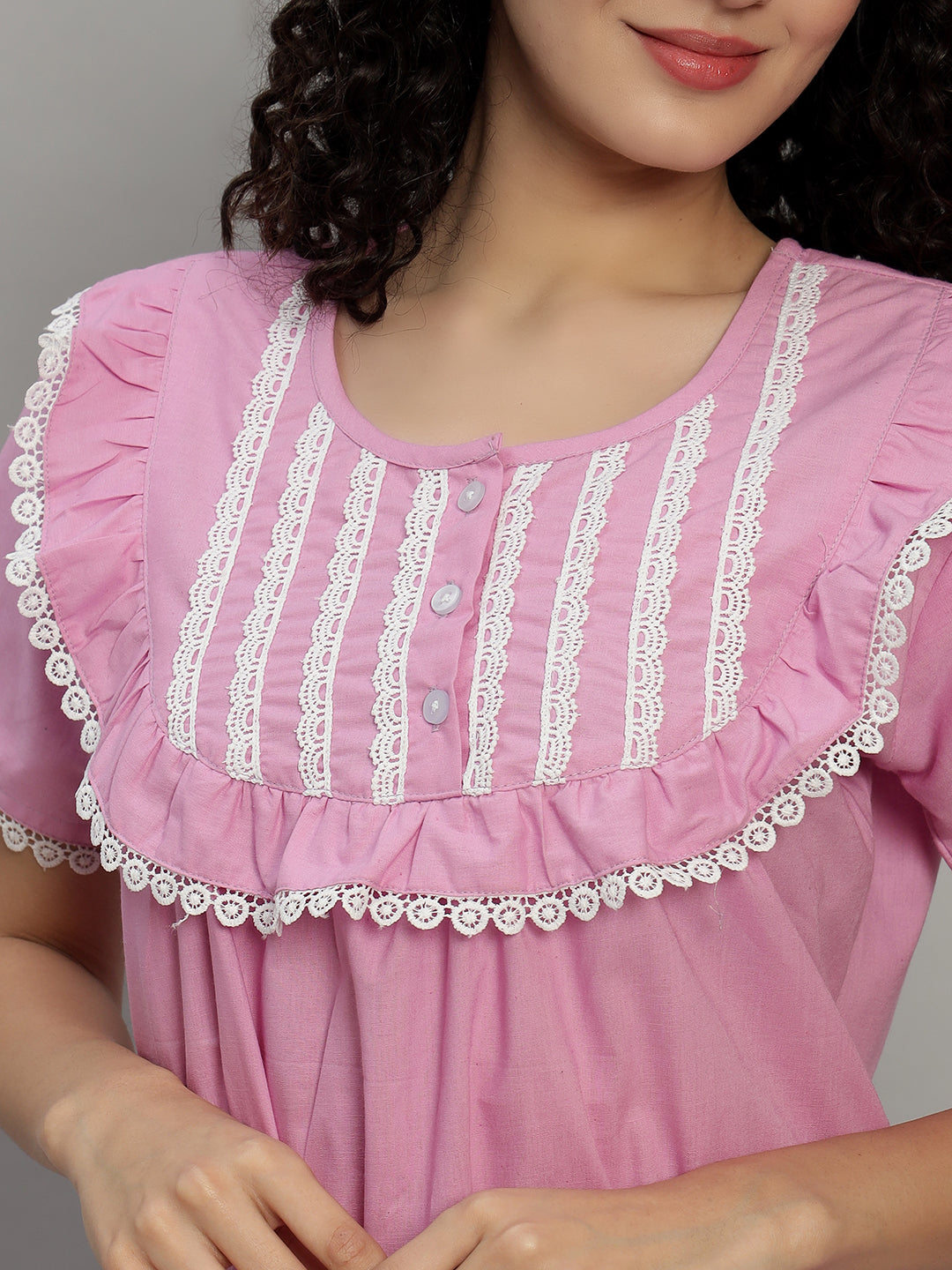 🌸 Pink Cotton Maxi Night Gown for Women – Lace Yoke Short Sleeve Comfortable Nightwear